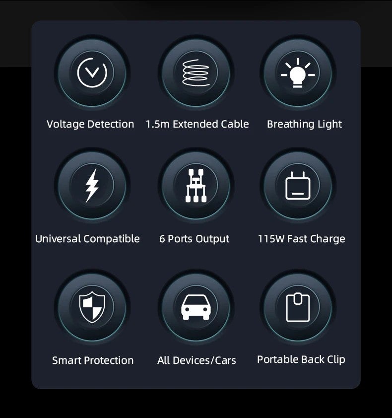 Bluejw 115W 6-Port USB Car Charger Adapter - 12-24V Fast QC 3.0 PD Cigarette Lighter Splitter, USB-C Socket Automobile Charger for Phones, Tablets & More - Image 4